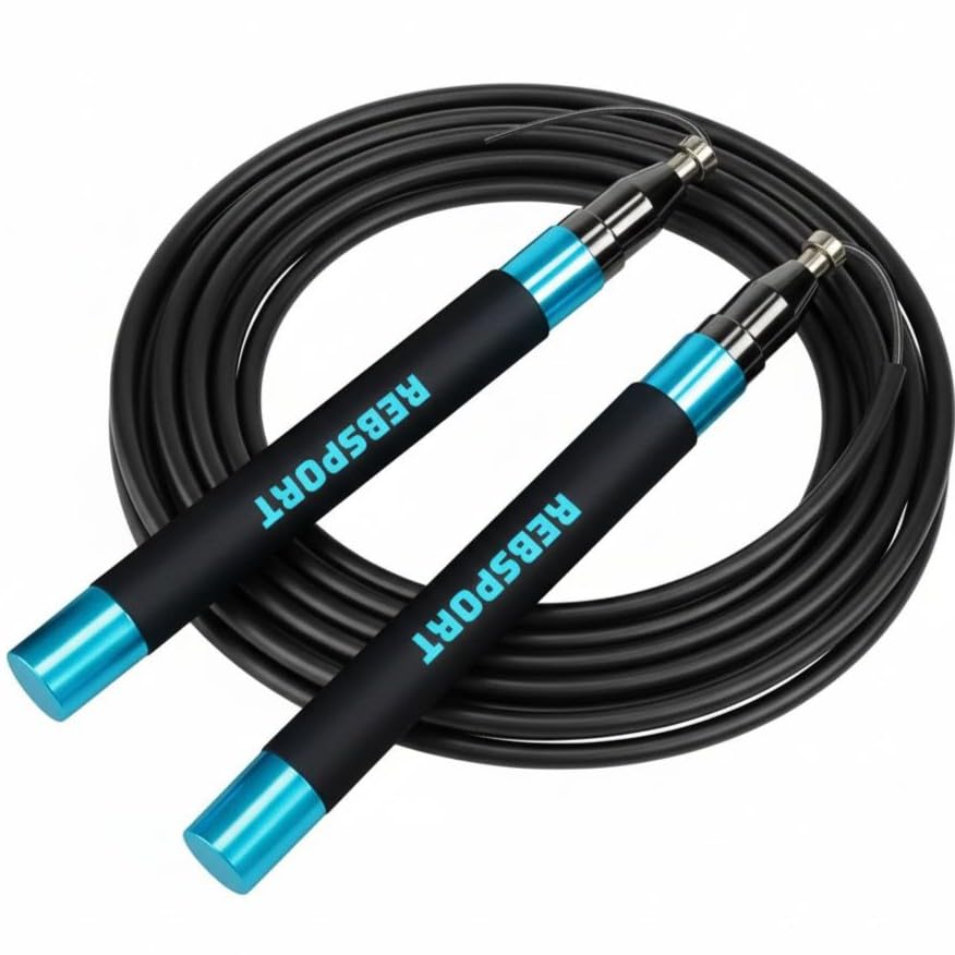 Corda per Saltare Professionale da Crossfit REBSPORT Regolabile e Autobloccante con Polsini in Regalo e 2 Cavi in Acciaio da 2.5mm ideale per double under