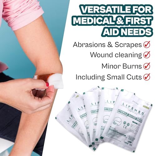 Image of LIFEMED Sterile Gauze Swab 5cm x 5cm 12-Ply Type-17 | Highly Absorbent Cotton Gauze Pads for Wound Dressing, First Aid, and Medical Use (Box of 10 Pouches - 40 Swabs)