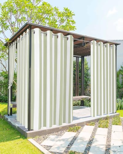 Sage Green Stripe Outdoor Curtains for Patio Waterproof,Modern Boho White Minimalist Geometric Windproof & Sun Blocking Outside Privacy Drape for Pavilion/Porch/Pergola/Garden/Cabana,2Panel,54'Wx84'L