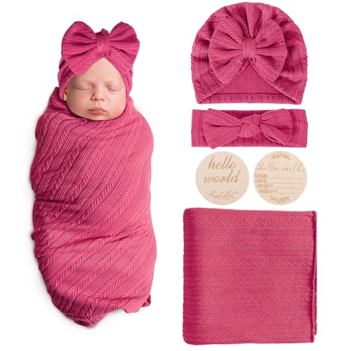 Image of AQOKKA Newborn Receiving Blanket with Bow Hat Headband Wooden Card Set Wheat-Pattern Newborns Toddler Baby Boy Girl Nursery Swaddle Wrap
