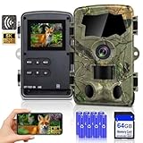 5K Trail Cameras With Night Vision Waterproof Wildlife,64MP Full HD Wildlife Camera with Mobile Phone Transmission App with Battery, Infrared Trail Camera with 64G SD Card & 8 x AA Batteries，IP66