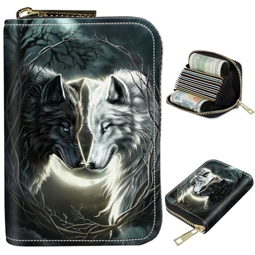 Image of Cute Credit Card Holder with Zipper, White Black Wolf RFID-Blocking Card Case Small Wallet for Women Men, Multi-slot Card Organizer Case Travel Accordion Wallet