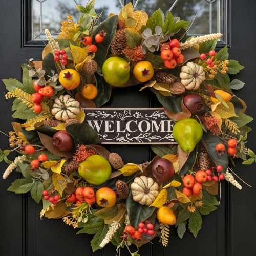 Image of 24 Inch Fall Wreaths for Front Door, Autumn Harvest Wreath with Pears