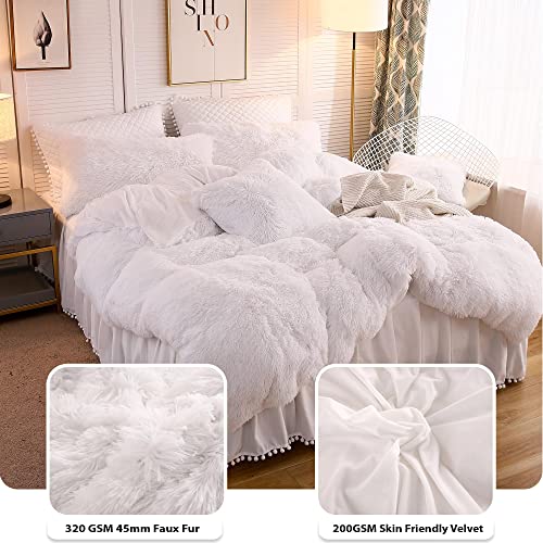 Image of LIFEREVO Luxury Plush Shaggy Duvet Cover Set, Ultra Soft Fluffy Furry Duvet Cover Set(1 Faux Fur Fuzzy Comforter Cover + 2 Pom Poms Velvet Pillow Cases) Solid Bedding Set, Zipper Closure(King, White)