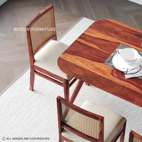 Image of WOODY Furniture Solid Sheesham Wood Dining Table 6 Seater Set | Rattan Six Seater Dinning Table with 6 Cushioned Chairs for Home | Wooden Kitchen Dinner Table 6 Seater| (Honey Finish)