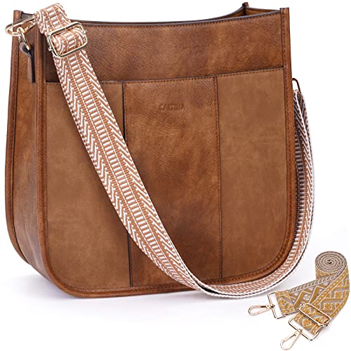 Caitina Bolso cruzado para mujer, de cuero vegano, con bolsillos con cremallera, 2 piezas de correa ajustable, bolso cruzado Hobo, A01-marrón