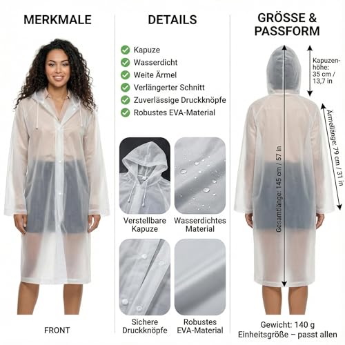 welsberg 2 Stück Regenponcho Damen und Herren Wasserdicht Atmungsaktiv Regenjacke Regenschutz Reganmantel für Festival Konzert Camping Wandern Angeln Sport, Transparent