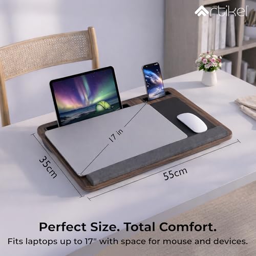 Image of Artikel Lap Desk Pillow for Laptop - Fits Up to 17 inch Laptop Portable Bed Desk Tray Built-in Mouse pad& Wrist Support-Wooden Lapdesk for Work from Home & Study with Cushion (Brown)