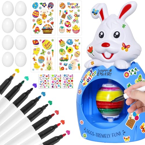 Joyesplay Osterei Dekorationsset,Ostereier Zum Bemalen mit Spinner DIY Osterdeko Mit 2 Sticker-Packs 3 Eiern & 8 Farben Stiften Oster Geschenk Kinder f&uuml;r Ostern (Blau 1)