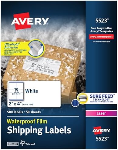 Avery Waterproof Labels with UltraHold Permanent Adhesive, 2" x 4", 500 Labels for Laser Printers (5523)