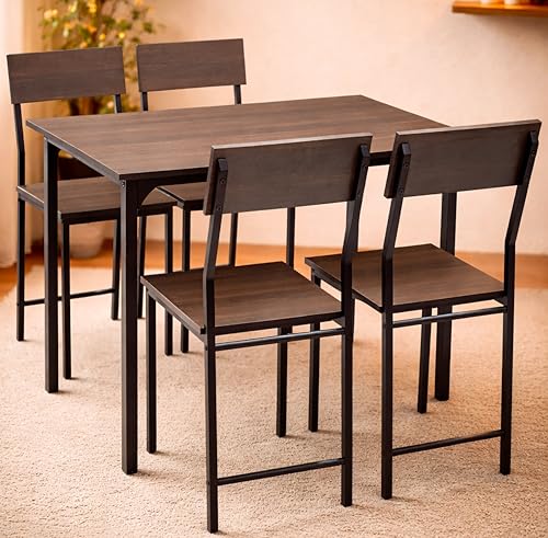 Image of Dining Table Set of 4, 4 Seater Dining Table with Chairs, Engineered Wood Top & Metal Frame, Space Saving Compact Rectangular Dining Table for Home & Kitchen (Dark Maple- DIY)