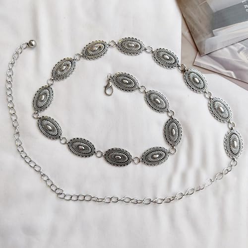 UTOWO Boho-Style Concho-Oval Women-Belt for Dresses Jeans Western-Cowgirl Metal-Chain-Belt Adjustable fit for 26-40" Waist3
