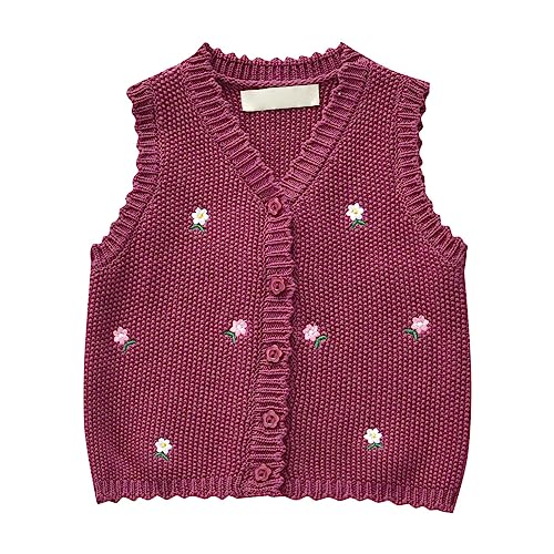 Baby Girls Toddler Floral Knit Sweater Vest, Sleeveless V Neck Cardigan, Infant Button Down Embroidered Flower Tank Tops