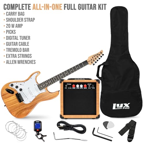 Image of LyxPro Left Hand 39 Inch Electric Guitar and Starter Kit for Lefty Full Size Beginner's Guitar, Amp, Six Strings, Two Picks, Shoulder Strap, Digital Clip On Tuner, Cable and Soft Case - Natural