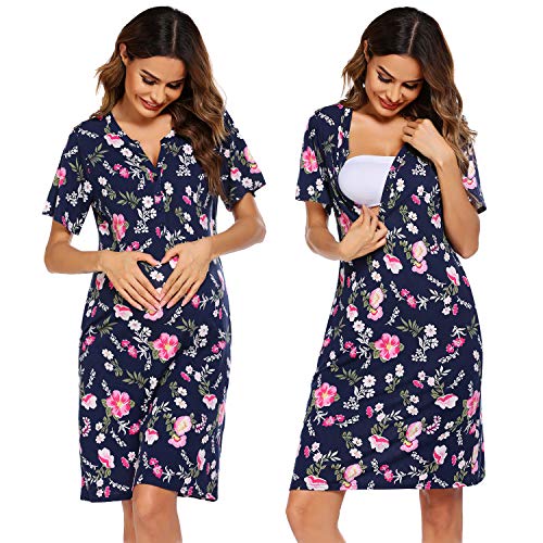 Image of Ekouaer Womens Maternity Nursing Short Sleeve Chemise Pajama Lounge Nightgown (Navy Blue Floral XL)