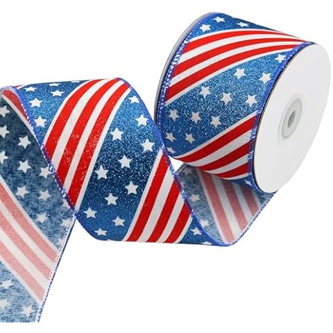 American Patriotic Wired Edge Ribbons 2.5" 10 Yards, Red Blue Glitter Wired Edge Burlap Ribbon for Veterans Day Ribbons, Labor Day, Independence Day Gift Wrapping Party Decoration Craft Supplies Cover