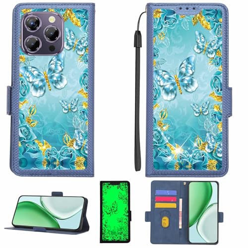 Kinetijy Case Compatible for Oukitel P1 Phone Case Flip Cover [with Tempered Glass Screen Protector][RFID Blocking][Gold Glitter+Luminous] LPT-YHD