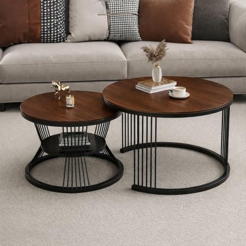 Image of Elegent Coffee Table Set of 2 | Marble Look End Tables | Center Table with Storage Shelf | Metal Frame Neasting Table for Living Room Bedroom or Apartments (Black Antique)