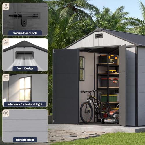 Image of Greesum 8x8FT Resin Shed with Floor, All-Weather Resistance, Light Gray | All-Weather Protection (Rain /Snow /UV) | Sloped Leak-Proof Roof | Heavy-Duty Reinforced Base | Lockable & Well-Ventilated