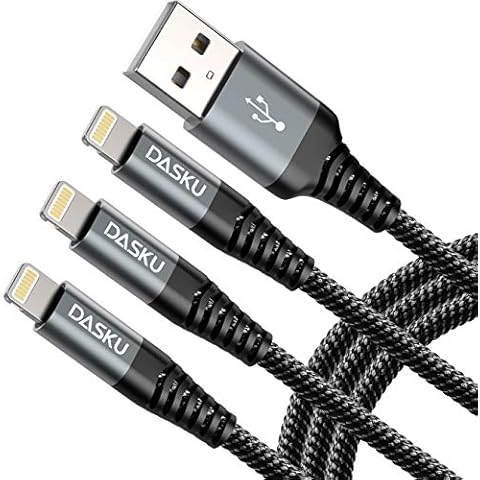 Dasku Lightning Cable 3ft 3Pack Nylon Braided Heavy Duty iPhone Charger Cord Black Compatible with 14/13 / 12/11 Pro Max/X/Xs Max/Xr /8 Plus/ 7 6S Plus 6 Plus/iPad Mini/Air Cover