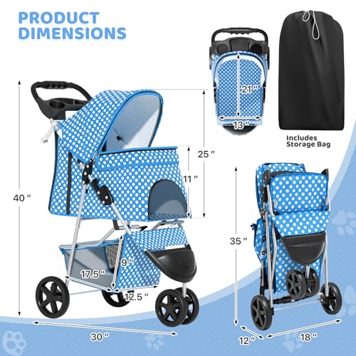Image of Magshion 3-Wheel Pet Stroller, Foldable Travel Jogger for Small & Medium Dogs & Cats (Up to 33lbs), Lightweight Carrier with Breathable Mesh Cover, Cup Holder & Storage Basket, Sky Blue Polka Dots
