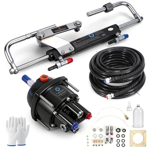Hieearui 90HP Outboard Hydraulic Steering Kit Hydraulic steering system consists of Hydraulic Pump Hydraulic Cylinder two 24FT Nylon hoses and installation accessories Outboard Motors