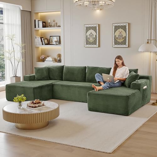 Image of 96 inch Sectional Couches for Living Room Cloud Couch Sofa with L-Shape Upholstered Boneless Couchs Modern Modular Sectional Couch with Chaise (Green, 133 inch W+U Facing Chaise)