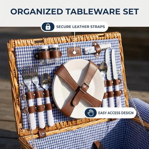 Image of Multifunctional Wicker Picnic Basket Set for 4 Blanket Family Folding Wine Table,Insulated Portable Extra Big Storage Capacity Woven Rattan Canasta De Full Tablewares Camping Outdoor Flowers Blue