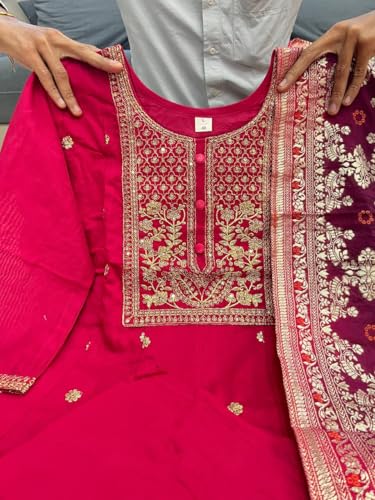 Image of by Pink Anarkali Flared Kurti Pant Dupatta Suit Set.