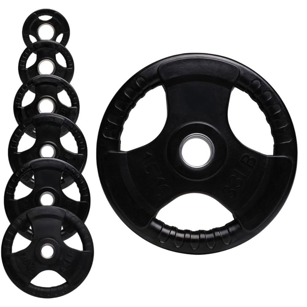 Olympic Weight Plate Tri Grip Disc Rubber Coated Cast Iron Weights Plate Set Solid Lifting Plates 3 Handles Portable Vinyl for Deadlift Barbell Dumbbell Bars Strength Training Home Gym Fitness Workout — image 1