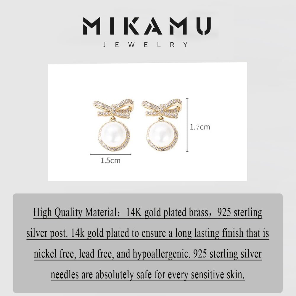 MIKAMU 14k Gold Ribbon Bow Stud Earrings for Women cubic zirconia Dainty Gold Plated Pearl Earring for Women Jewelry - Image 2