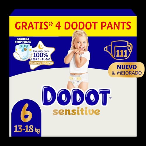 Dodot Pañales Bebé Sensitive, Talla 6 (+13 kg), 111 Pañales + 4 Pants de Regalo, Hasta 12 h De Protección Antifugas y Cuidado de la Piel, Pack Mensual
