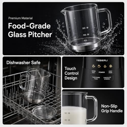 YESERLI 4-in-1 Electric Milk Frother and Steamer with Detachable Glass Jug, Automatic Hot & Cold Foam Maker, 8.5 oz Frothing/13.5 oz Warming, Dishwasher-Safe Milk Warmer for Latte & Hot Chocolate - image 6