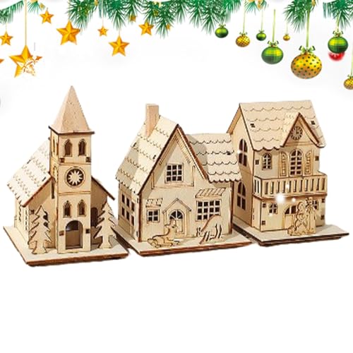 Decoración de casas de pueblo de Navidad, cabaña con luz LED, casas de Navidad de madera para pintar, decoraciones de chimenea para sala de estar, hogar, dormitorio