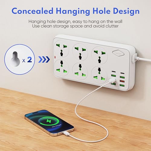 Image of Heavy Duty Multi Plug Extension Board with USB & Type-C, Spike Guard | Individual Switches, 2m Long Wire, Universal Smart Power Extension Cord for Home Office Washing Machine & Heavy Load (White)