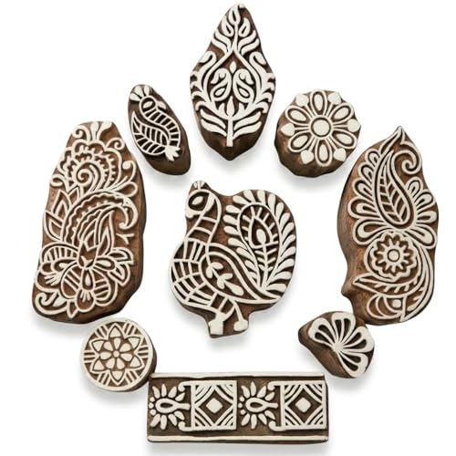 Image of RENIQ Wooden Printing Block for Fabric & DIY Craft | Handcrafted Indian Design Stamp for Textile, Pottery, Mehndi & Home Decor (Multicolor10)