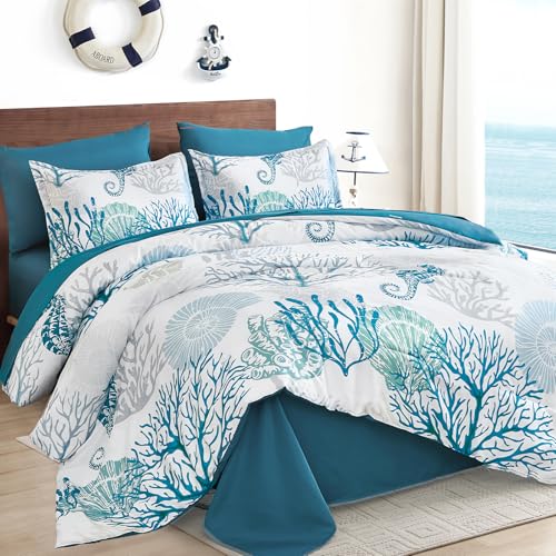WONGS BEDDING Coastal Comforter Set Queen, Beach Themed Comforter,7 Pieces Ocean Nautical Seaweed & Starfish Bed in a Bag (90"×90") - Image 2
