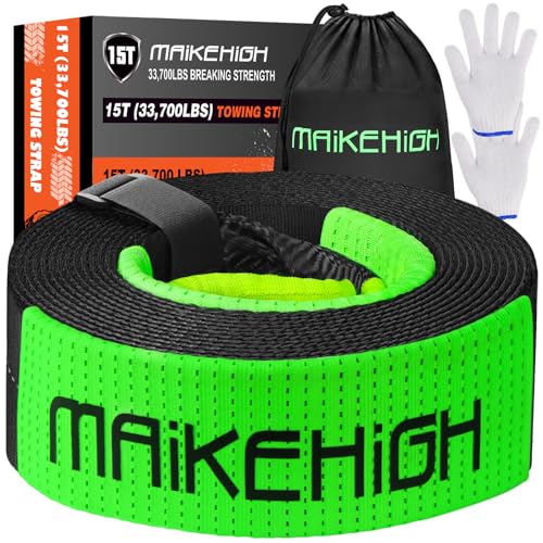 MAIKEHIGH Eslinga 15 Toneladas (33700Lbs), 6M x 7,6cm Cuerda para Remolque con 2 Guantes para Coche 4x4 Rescate Recuperación (Negro)
