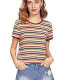 SheIn Women's Striped Ringer Round Neck Short Sleeve T-Shirt Casual Tops Red X-Large