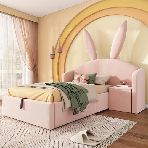staronce Cama infantil de 90 x 190 cm, cama acolchada con diseño de orejas de conejo, espacio de almacenamiento y mesita de noche, cama juvenil de terciopelo, cama infantil rosa, caja de cama