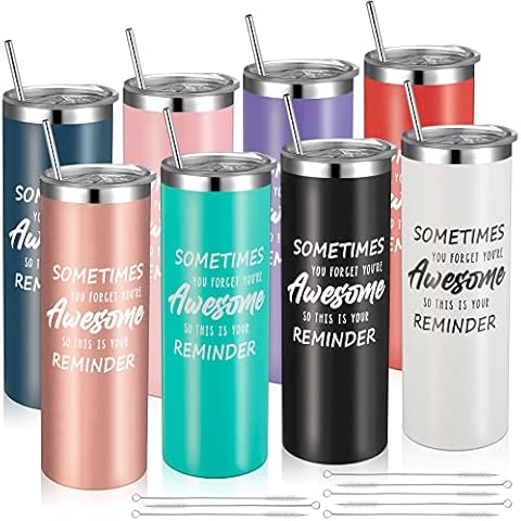 Pinkunn 20 oz Sublimation Tumblers You're Awesome Travel Tumbler Skinny Insulated Sublimation Cups Blank Tumblers for Sublimation with Lids, Straws, Straw Brushes for Good Friend (Bright Color, 8) Cover