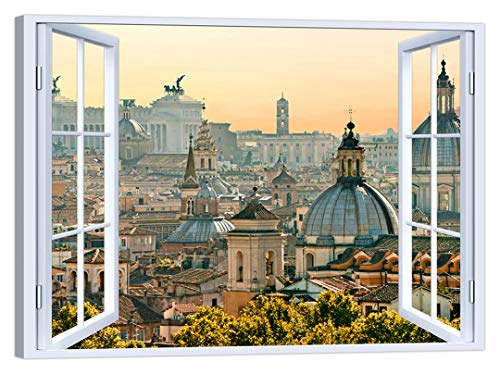 LuxHomeDecor Quadro finestra roma 100x75 cm Stampa su Tela con Telaio in Legno Arredamento Arte Arredo Moderno