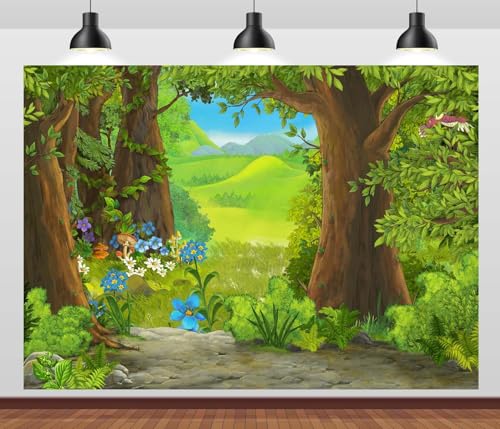 CORFOTO 7x5ft Cartoon Summer Forest Scene Backdrop Green Forest Floral Photography Background Nature Landscape Backdrop Kids Forest Theme Party Decor Cake Table Banner Prop
