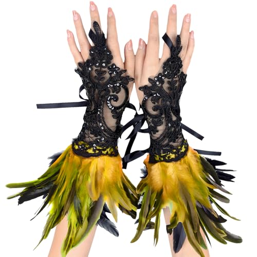 YOUYIKE Spitze Feder Handschuhe Feder Manschetten Maleficent Kostüm Netzhandschuhe Karneval Kostüme Dekorative Federärmel für Halloween Cosplay Gotische Kleiderparty(Gelbschwarz)