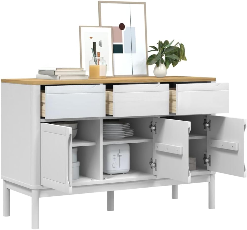 White Solid Pine Wood Sideboard with Drawers and Doors, Modern Engineered Wood Medium Storage Cabinet for Dining Room Living Room Hallway, Spacious Design with Matte Finish