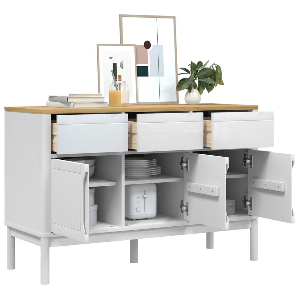 Credenza Floro bianca, 114 x 43 x 74 cm, in legno massello di pino