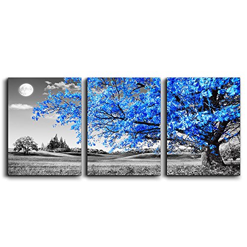 Image of Wall Art For Living Room Black And White Blue Tree Moon Canvas Wall Decor For Home Artwork Huge Painting 20 inch X 28 inch 3 Pieces Canvas Print For Bedroom Decor Modern Salon Kitchen Office Hang A Picture