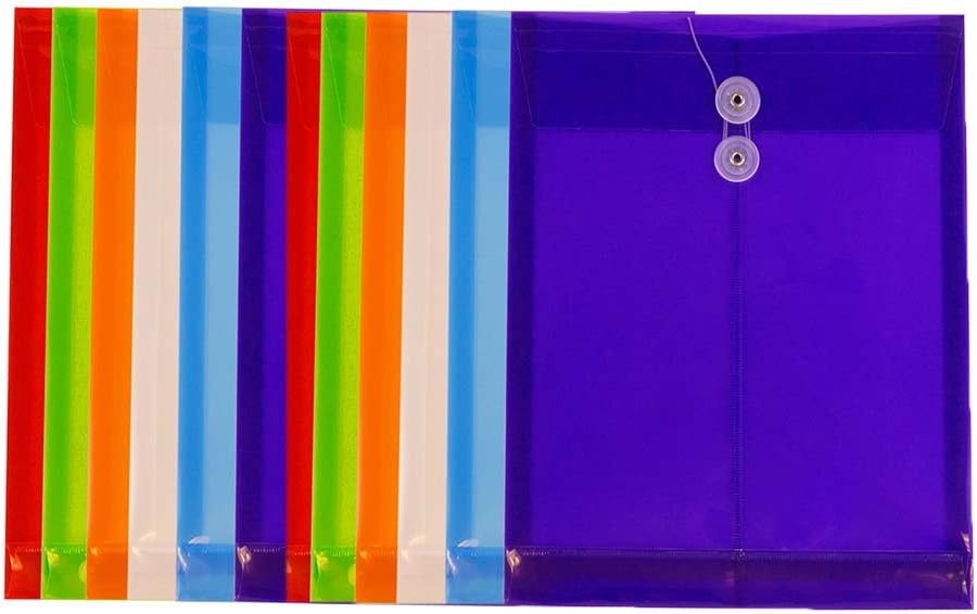 JAM PAPER Plastic Envelopes with Button & String Tie Closure - Letter Open End - 9 3/4 x 11 3/4 - Black - 12/Pack