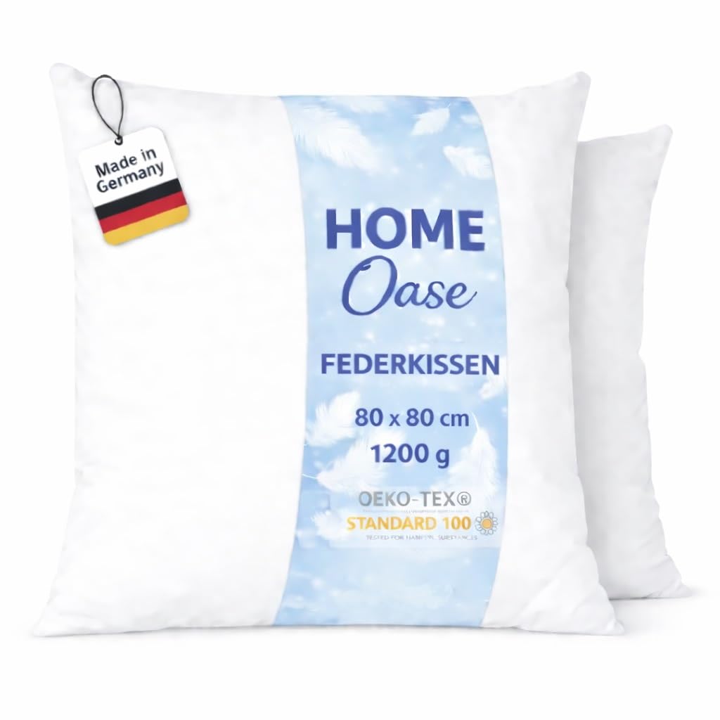 Federkissen 80x80 cm 2er Set - Kopfkissen 100% Federfüllung Bezug aus Baumwolle Oeko-Tex Zertifiziert 1200 g