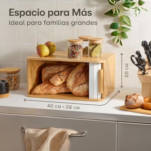 Miniatura 2 de Panera De Madera Grande - Con Puerta Corredera Panera Bambú Fsc Para Guardar El Pan 40 X 28 Cm Ahorra Espacio - Elegante Para Una Frescura Prolongada - Blanco